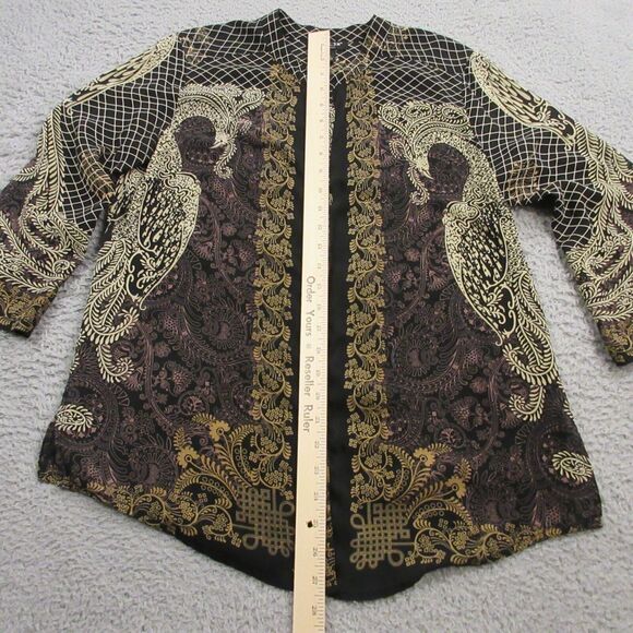 Citron Santa Monica Silk Shirt Blouse Top size XS FLAW Asian Band Collar Peacock - Picture 9 of 12